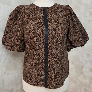 THML Leopard Print Puff Sleeve Blouse Faux Leather Trim XS